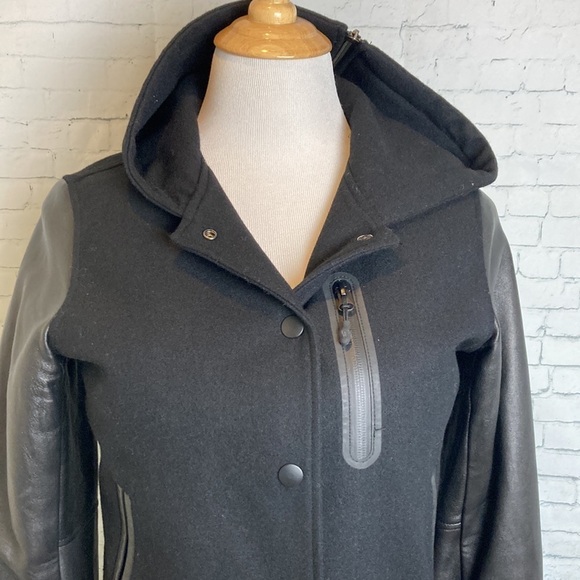 Nike NSW Black Leather Wool Hooded Destroyer Varsity Bomber Jacket Sz S Preppy - Picture 6 of 16